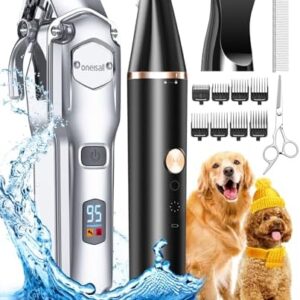 oneisall Dog Clippers Low Noise, 2-Speed Quiet Dog Grooming Kit Rechargeable Cordless Pet Hair Clipper Trimmer Shaver for Small and Large Dogs Cats Animals (Gold)