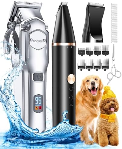 oneisall Dog Clippers Low Noise, 2-Speed Quiet Dog Grooming Kit Rechargeable Cordless Pet Hair Clipper Trimmer Shaver for Small and Large Dogs Cats Animals (Gold)